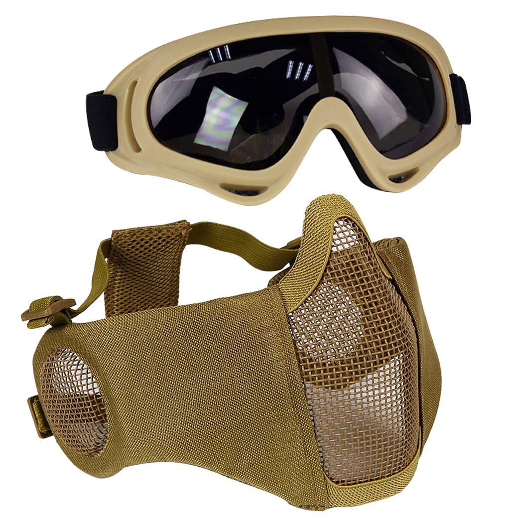 Airsoft Protective Gear Set, Half Face Mesh Masks with Ear Protection and Goggles Set for CS/Hunting/Paintball/Shooting (Tan)