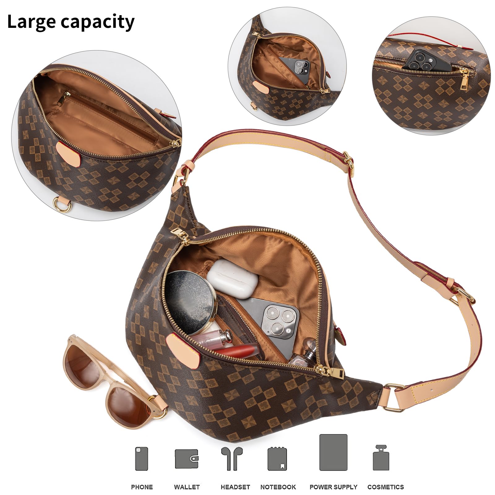 Crossbody Sling Bag for Women Fanny Pack with Adjustable Strap Large Opening Two-Way Zipper Closure Chest Trendy Checkered Belt for Daily Shopping Travel (Brown)