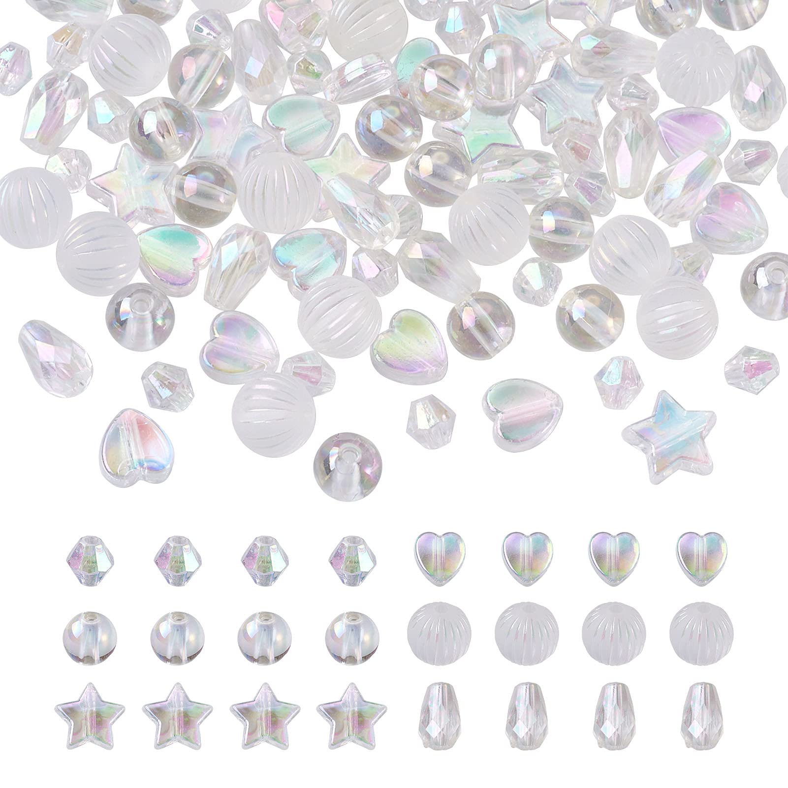 Beadthoven 600pcs Transparent Acrylic Beads 6 Styles Heart Star Round Bicone Teardrop Crystal Beads Charms Clear AB Plated for Jewellery Bracelet Making