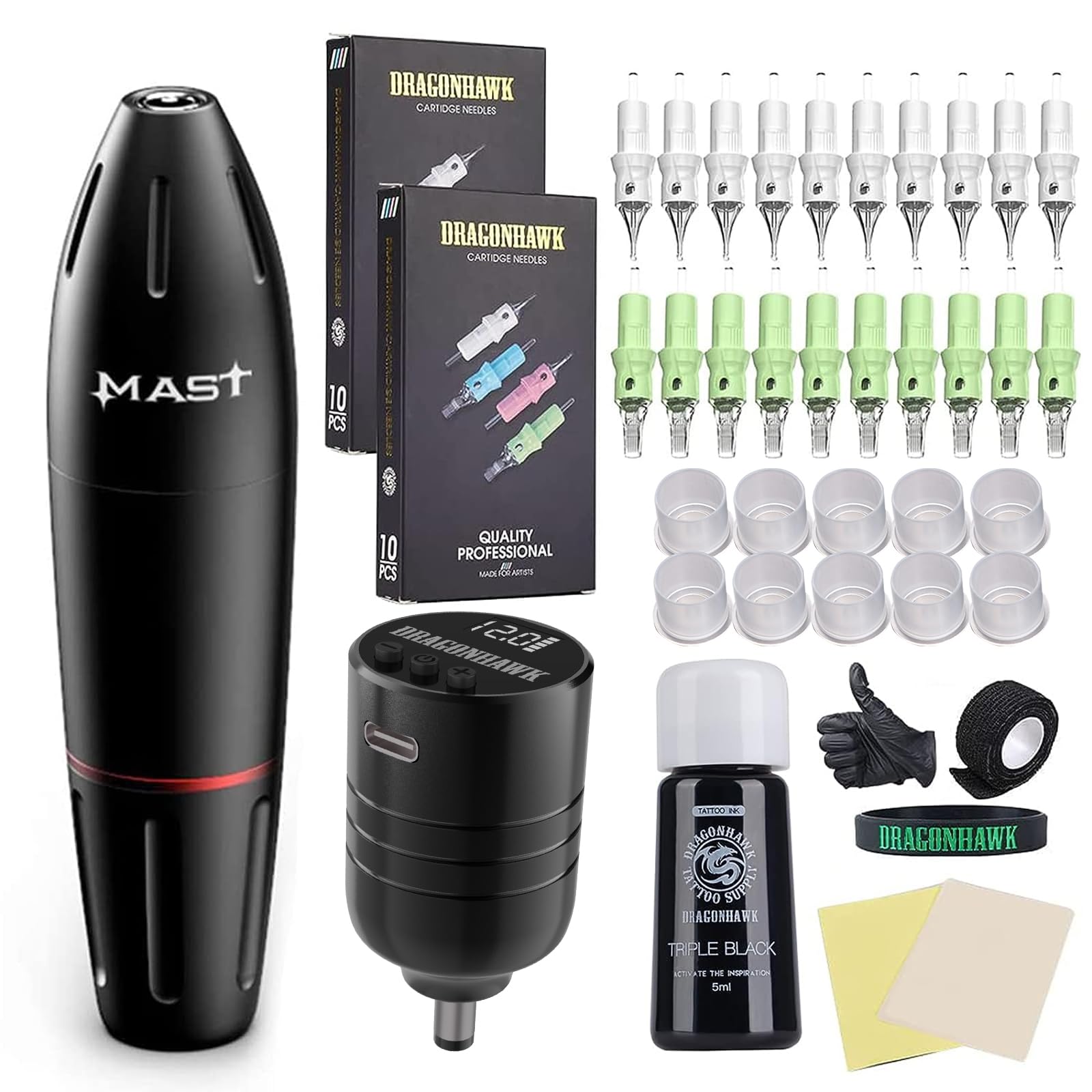 Kit de pistola de tatuaje Kit de tatuaje completo inalámbrico Kit de máquina de tatuaje para principiantes 20 cartuchos de agujas de tatuaje profesionales