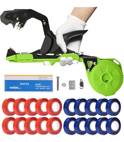 Plant Tying Machine With 20 Tapes & Staples - Quick Vine Support Tool For Tomatoes, Peppers, Grapes