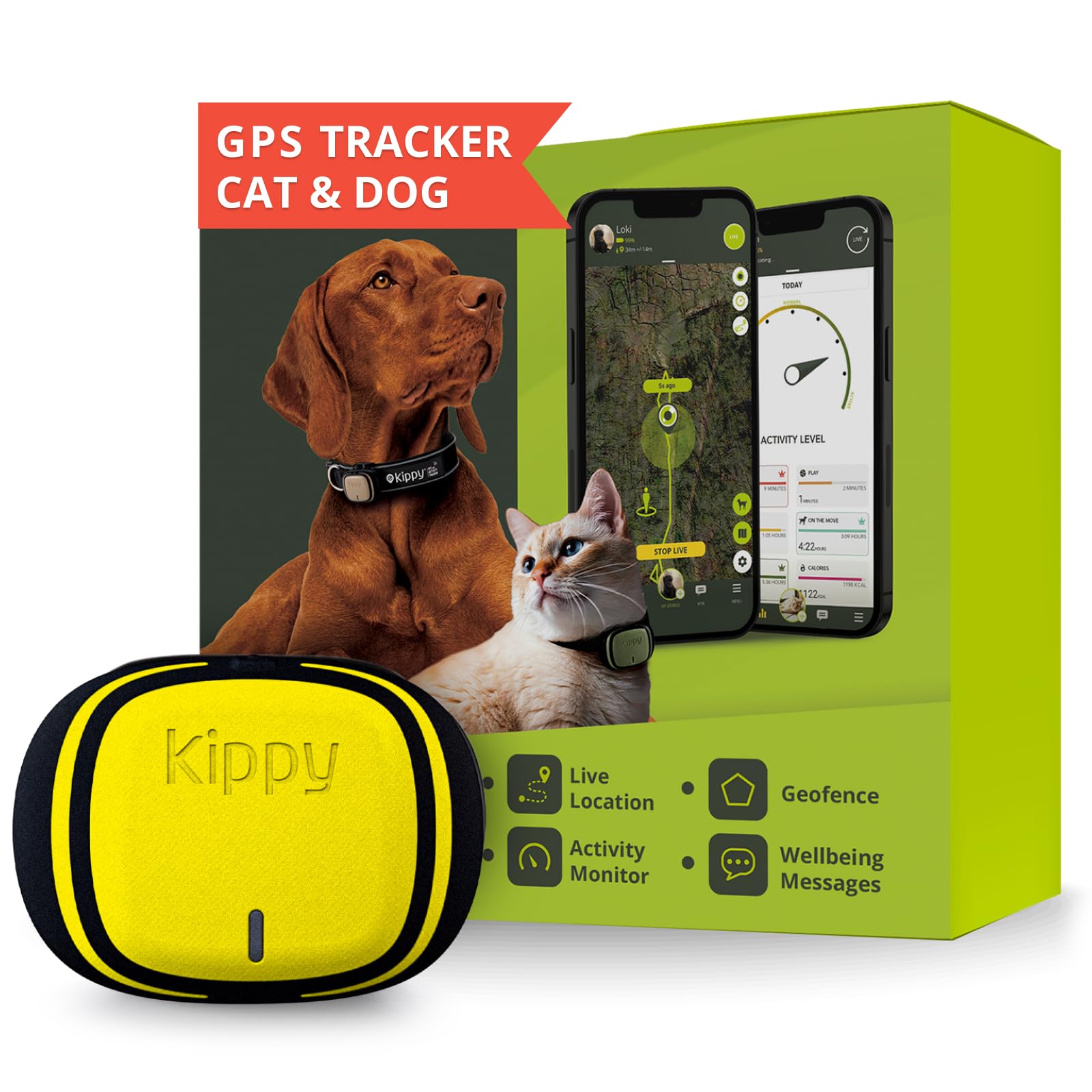 Kippy - GPS Pet Tracker Collar Evo - Health and Activity Tracker – Satellite Dog and Cat Tracker for Collar - Waterproof Dog Tracker GPS - Locator with Instant Alerts and LED - Yellow