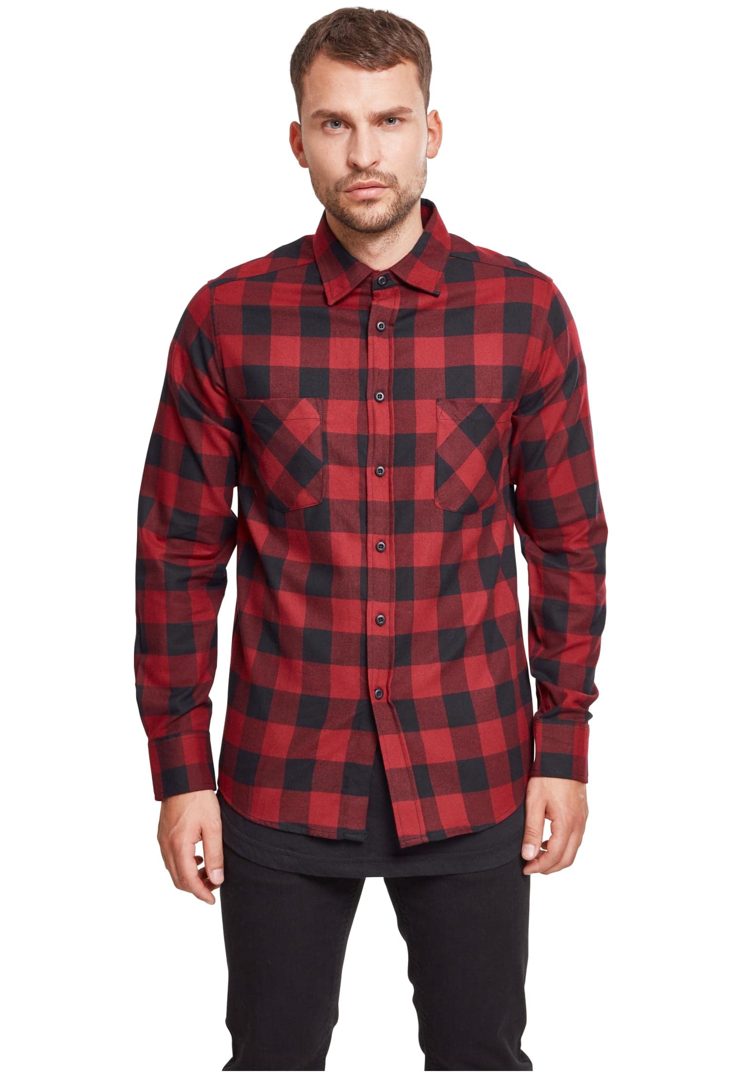 Urban Classics Men's Checked Flannel Shirt Casual Button-Down Shirt, Longsleeve Dress Shirt with Forearm Buttons, Regular Fit, 100% Flannel Yarn blk/burgundy L