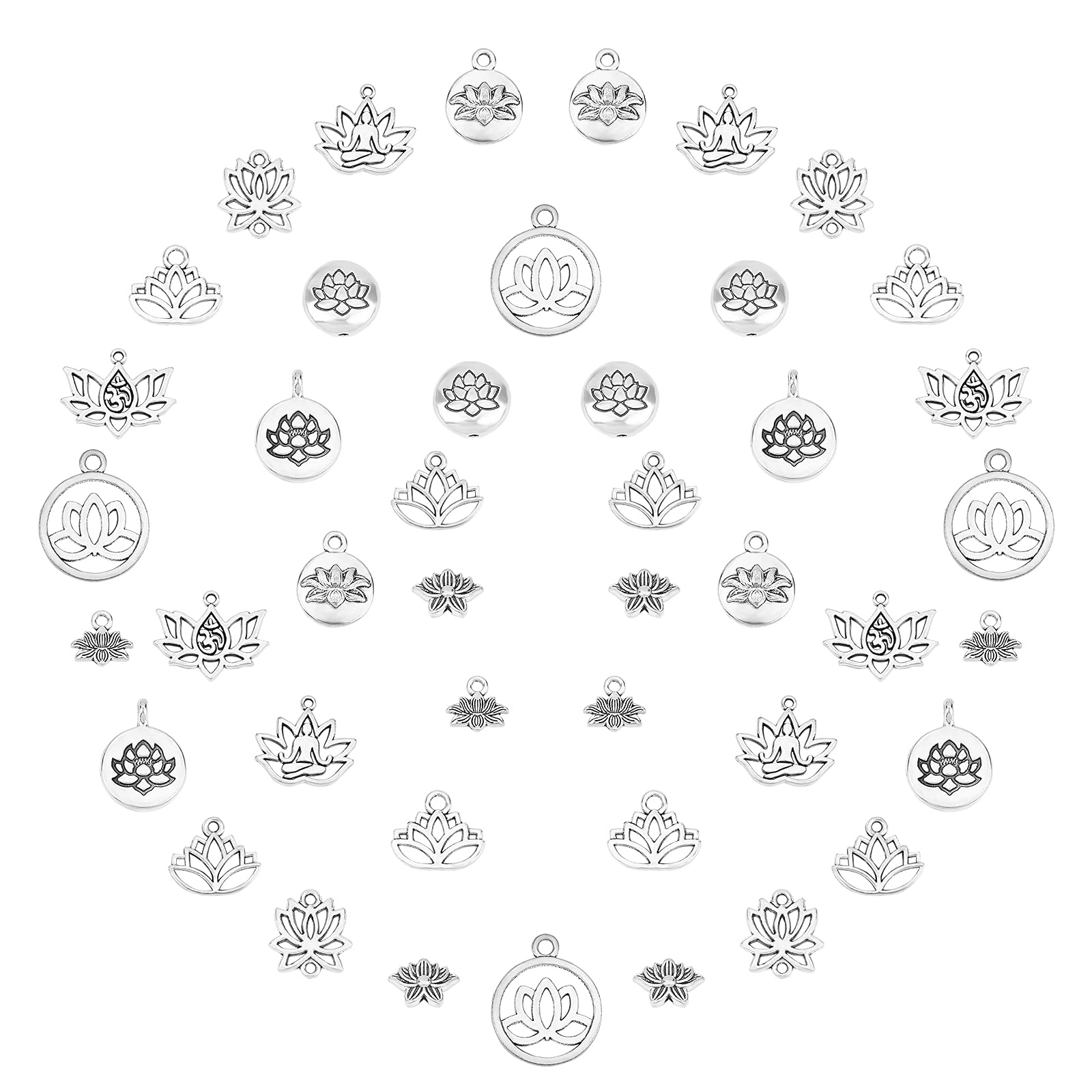 SUNNYCLUE 1 Box 88Pcs 11 Styles Lotus Yoga Om Ohm Flower Charms Pendants Links Connectors Beads Jewellery Findings Accessories for DIY Earring Necklace Bracelet Jewelry Making