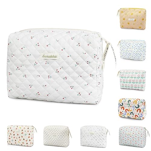 GLGHMH Travel Toiletry Bag, Cotton Floral Travel Makeup Bag, Portable Cosmetic Bag, Travel Makeup Storage Bag for Women Girls (Cherry-White)