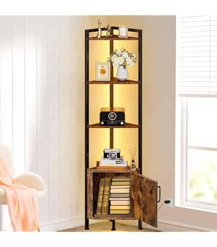 Estante De Esquina Con Luz LED, Organizador De Estante De Pie De 5 Niveles De Alto De 62 Pulgadas Con Lámpara De Pie LED Regulable, Estantería Estrecha Con Estante De Almacenamiento Vitrina