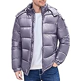 Yusongirl Men Shiny Puffer Jacket Black Waterproof Hooded Outerwear Zip Up Winter Coat