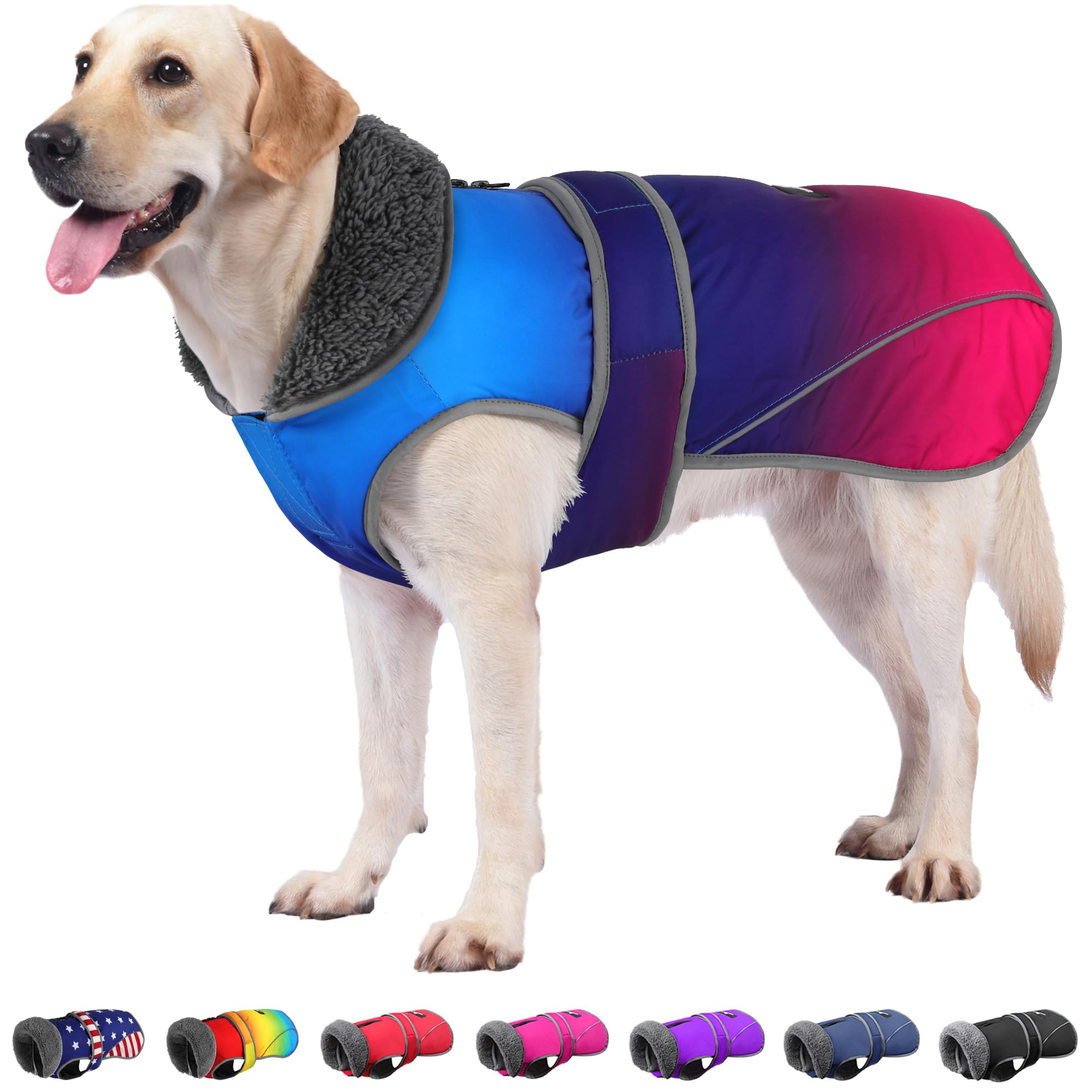 Dogcheer Dog Coat, Waterproof Dog Jacket Reflective Pet Winter Coat with Adjustable Hook & Loop, Christmas Puppy Fleece Jacket Warm Snowsuit for Small Medium Large Dogs - Gradient Blue-red, S