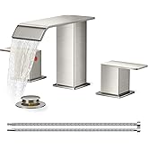 FORIOUS Widespread Bathroom Sink Faucet 3 Hole Brushed Nickel, 2 Handles Waterfall Bathroom Faucet with Metal Pop-up Drain and 24" Hot and Cold Water Hoses, Suitable for Vanity RV Restroom