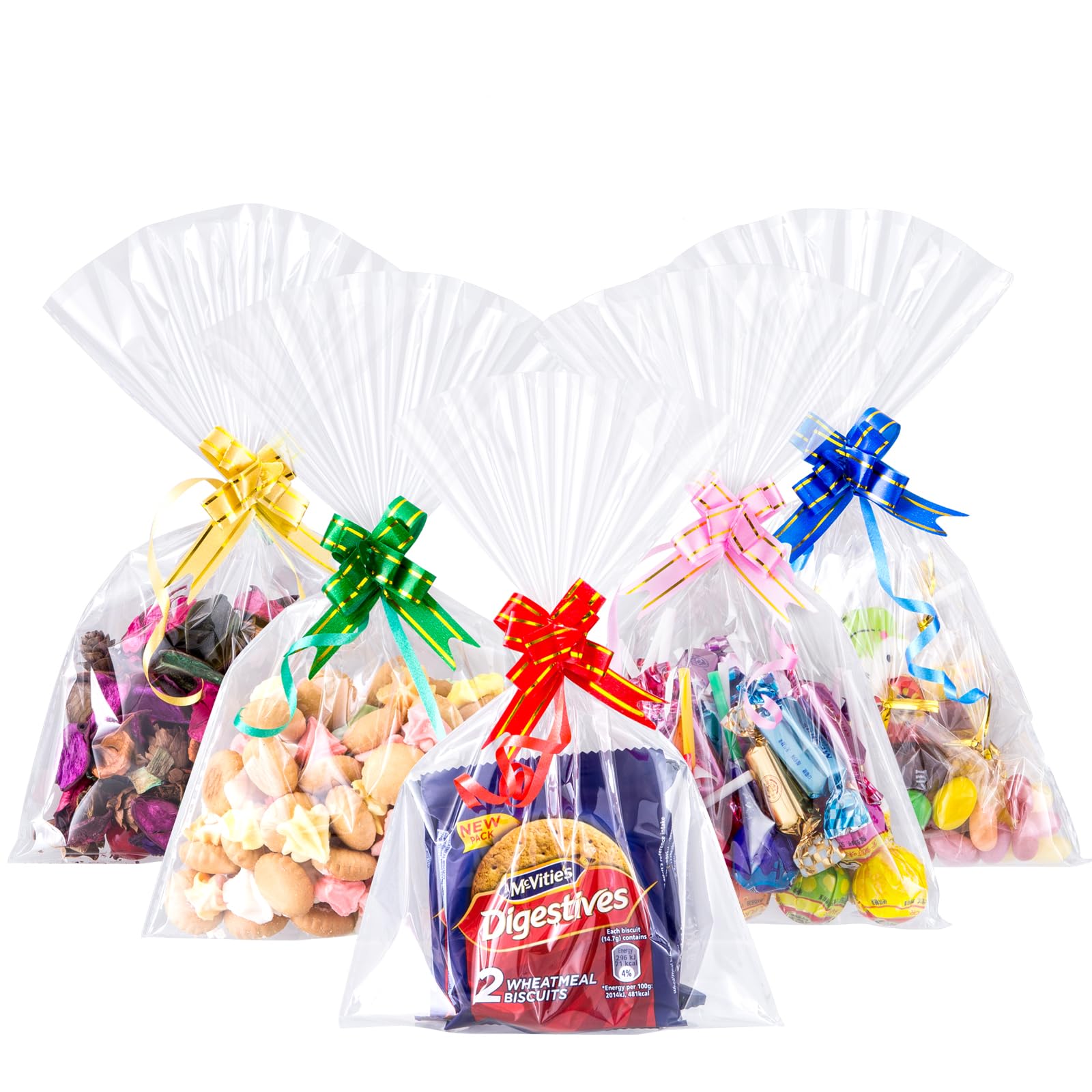 GWHOLE 120 Pcs 6x10 inch Cellophane Bags,Sweet Bags Party Gift Bags OPP Plastic Storage Bags with Colorful Pull Bows for Present Sweet Packaging of Christmas, Halloween, Birthday (16x26cm)