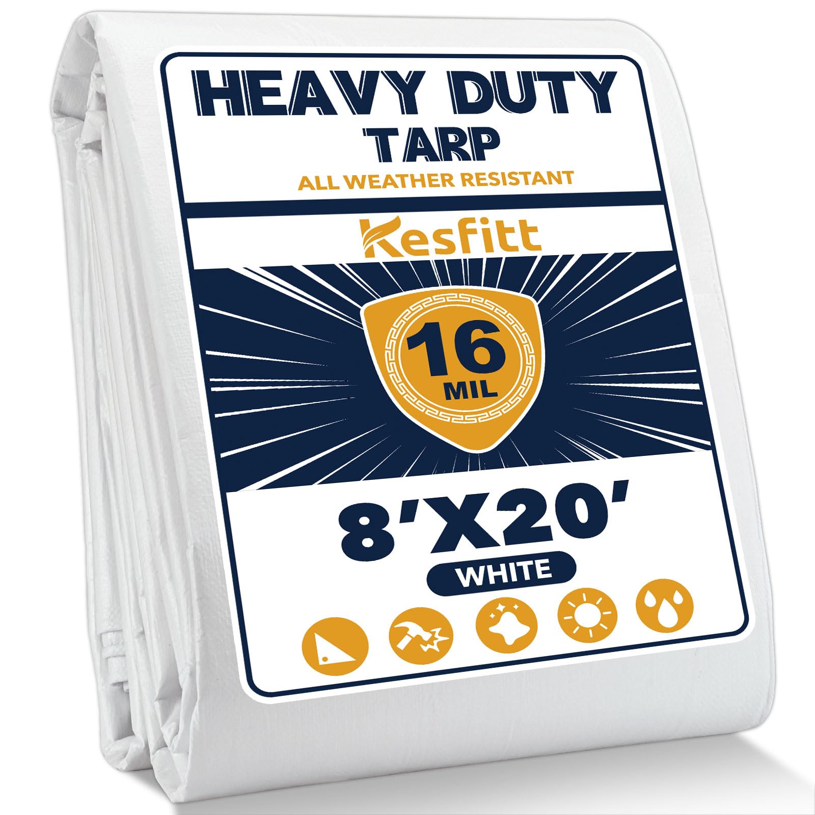 Kesfitt 16 Mil Heavy Duty Waterproof White Tarp, 8x20 ft, 100% Virgin Polyethylene, Reinforced Grommets, UV Resistant Outdoor Tarp for Storm Protection, Equipment Cover & Backyard Use Image