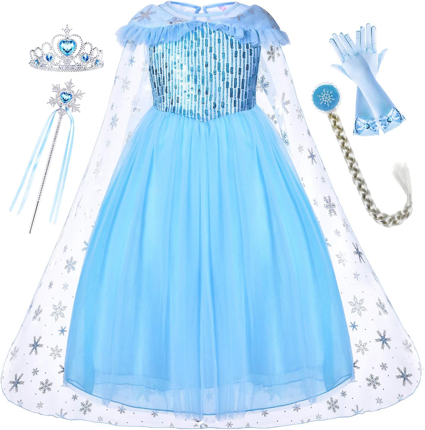 Princess Generic Dress with Cloak Tiara Wand Wig Gloves for Age 2-8 Years Girls Party