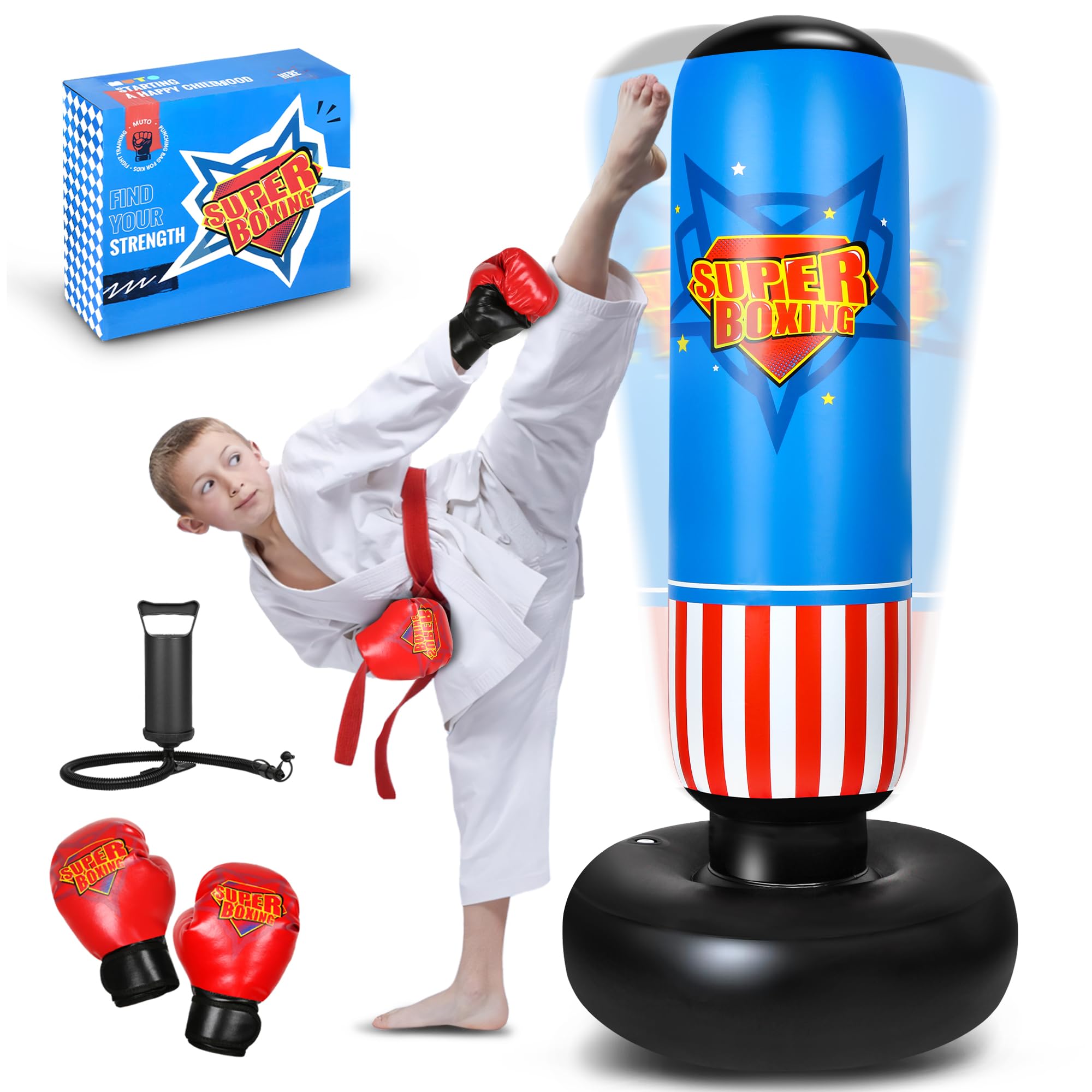 MutoToy® Punching Bag for Kids, 66 Inch Large Stable Inflatable Boxing Bag, Free Standing Punch Bag with Gloves for Kids Adults, Kids Boxing Set for Practicing Karate Taekwondo