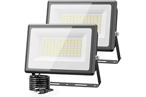 Olafus 2 Pack 60W LED Flood Light Outdoor, 6000LM Super Bright LED Work Lights Plug in, 6500K IP66 Waterproof Exterior Floodlight for Yard Lawn Garden