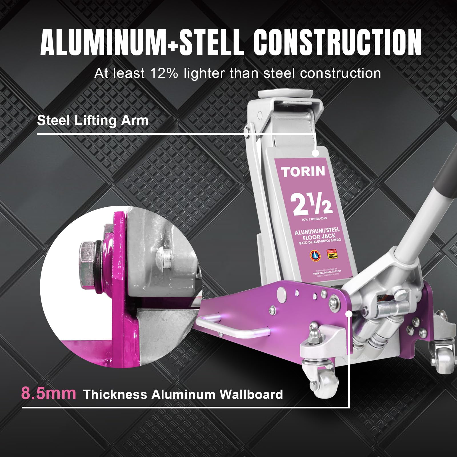 AT84025BP-2 Hydraulic Low Profile Aluminum and Steel Racing Floor Jack with Dual Piston Quick Lift Pump, 2.5 Ton (5,000 lb) Capacity, Pink