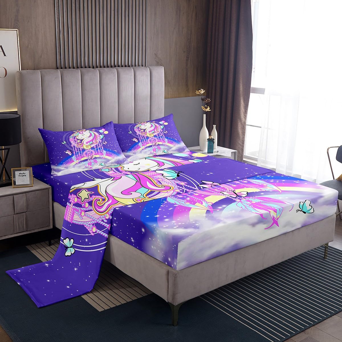 Homemissing Girls Unicorn Bed Sheets Set Dreamcatcher Unicorn Sheet Set Girls Cute Unicorn Sheets with Deep Pocket Fitted Sheet Rainbow Star Fantasy Bedding Set Purple Single
