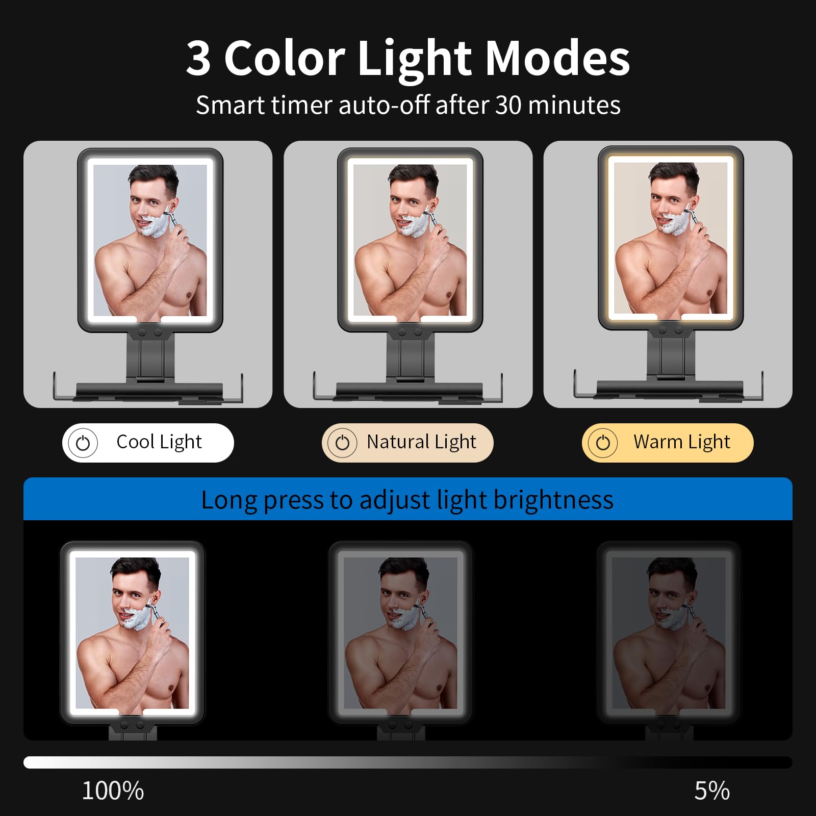 Lighted Shower Mirror Fogless for Shaving, Heated Fog Free Large 9.5*7inch 3 Color Modes Dimming Shower Shaving Mirror with Light, Rechargeable Anti-Fog Shower Mirror with Storage Tray & Razor Holders