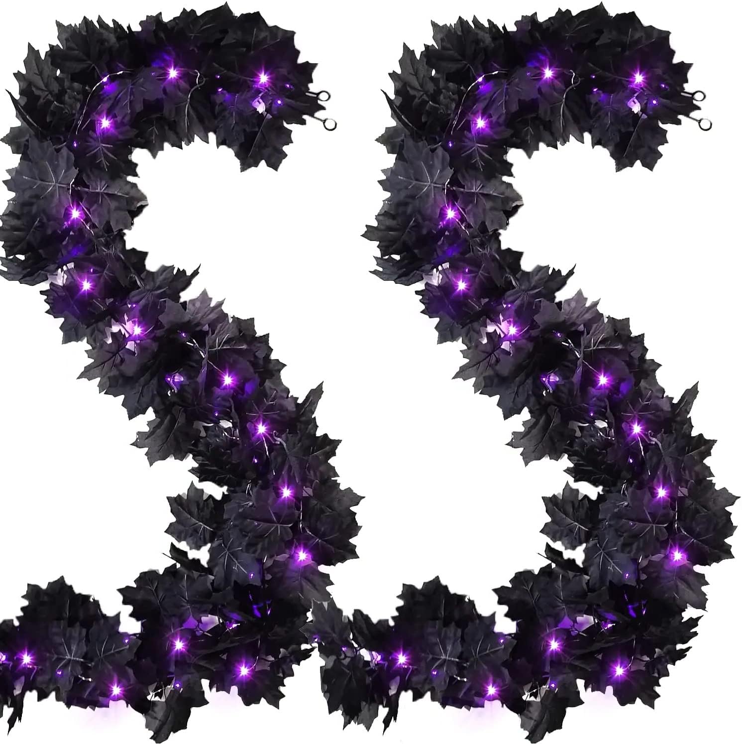 Wreaths, Garlands & Swags - FINGOOO 2 Pack Black Garland Halloween,5.9Ft Black Vines Maple Leaf with Purple Lights for Fireplace Stairs Party Hanging Decor