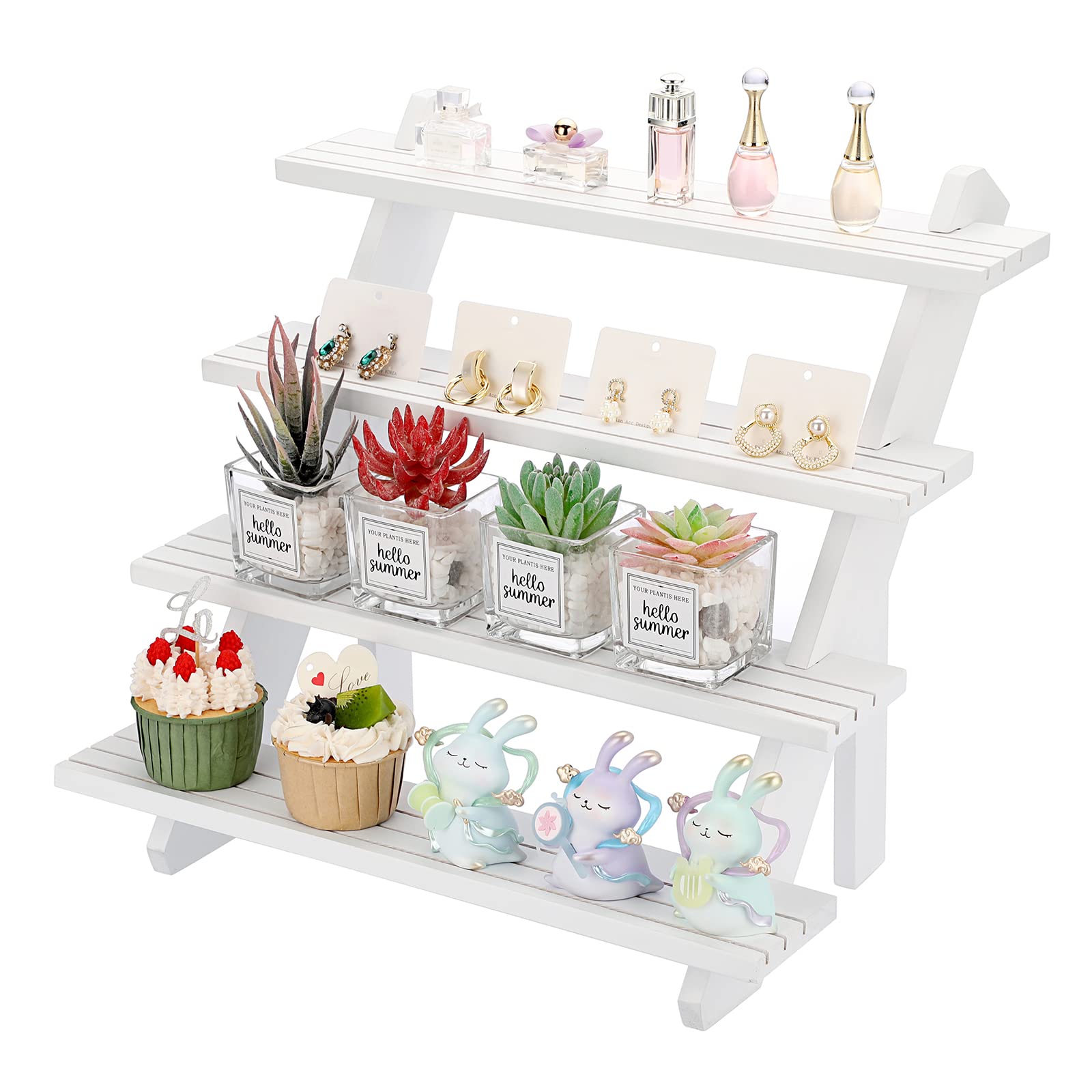 Photo 1 of ELLDOO 4-Tier Wooden Display Riser, Retail Jewelry Card Display Stand, Rustic White Wooden Cupcake Stand Shelves, Organizer Showcase Cascading Merchandise Organizer Rack Vendor Display Supplies