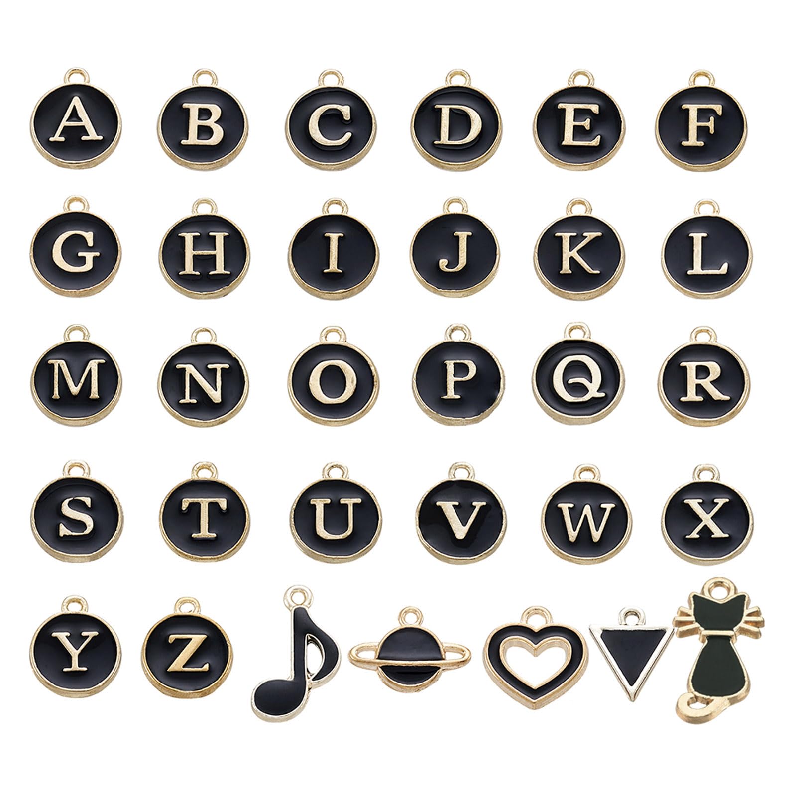 PandaHall 51pcs A-Z Letter Alloy Enamel Charms Pendants Golden Plated with Heart Planet Cat Triangle Musical Note Charms for DIY Jewelry Making(Black)