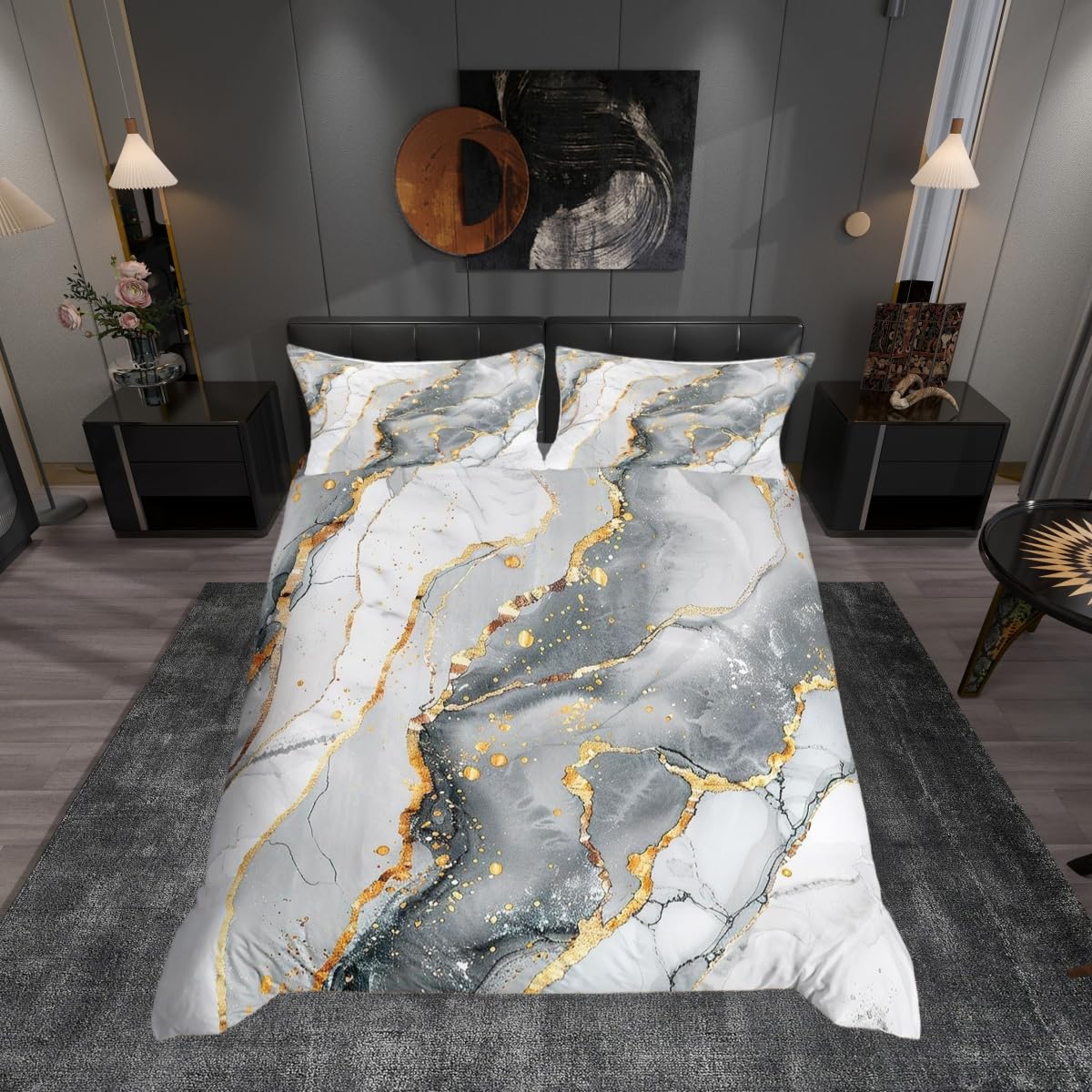 feelingyou Grey Marble Duvet Cover Set Single White Grey Gold Glitter Comforter Cover Abstract Stone Texture Bedding Set 2pcs for Kids Boys Teens Room Decor, Marbling Bedspread with 1 Pillowcase