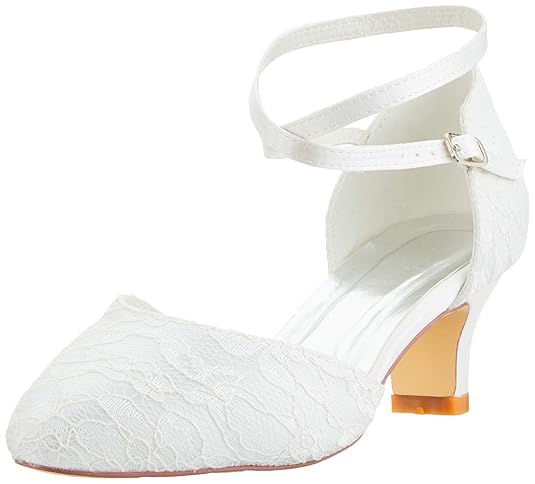 Mrs White Damen Brautschuhe 00967A Geschlossene Zehen Chunky Heel Spitze Satin Pumps Hochzeitsschuhe