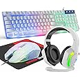 MANBASNAKE Wired Gaming Keyboard and Mouse Headset Combo,Rainbow LED Backlit Wired Keyboard,Over Ear Headphone with Mic,Rainbow Backlit Gaming Mice,Mouse Pad,for PC,Laptop,Mac,PS4,Xbox(White)