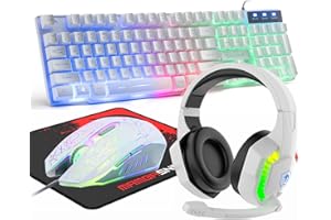 MANBASNAKE Wired Gaming Keyboard and Mouse Headset Combo,Rainbow LED Backlit Wired Keyboard,Over Ear Headphone with Mic,Rainbow Backlit Gaming Mice,Mouse Pad,for PC,Laptop,Mac,PS4,Xbox(White)