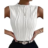 Poetsky Womens Summer Textured Tank Tops Sleeveless Mock Neck Tank Slim Fit Shirt Blouse