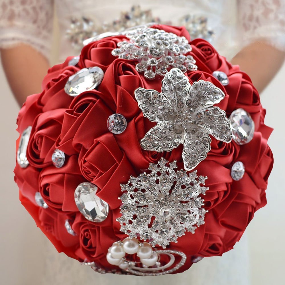 Fouriding Hand Made Diamond Pearl Satin Roses Bridesmaid Bridal Artificial Bouquets Customization Bride Holding Bouquet Wedding for Photo Shooting, Valentine's Day, Birthday,Creystal Red