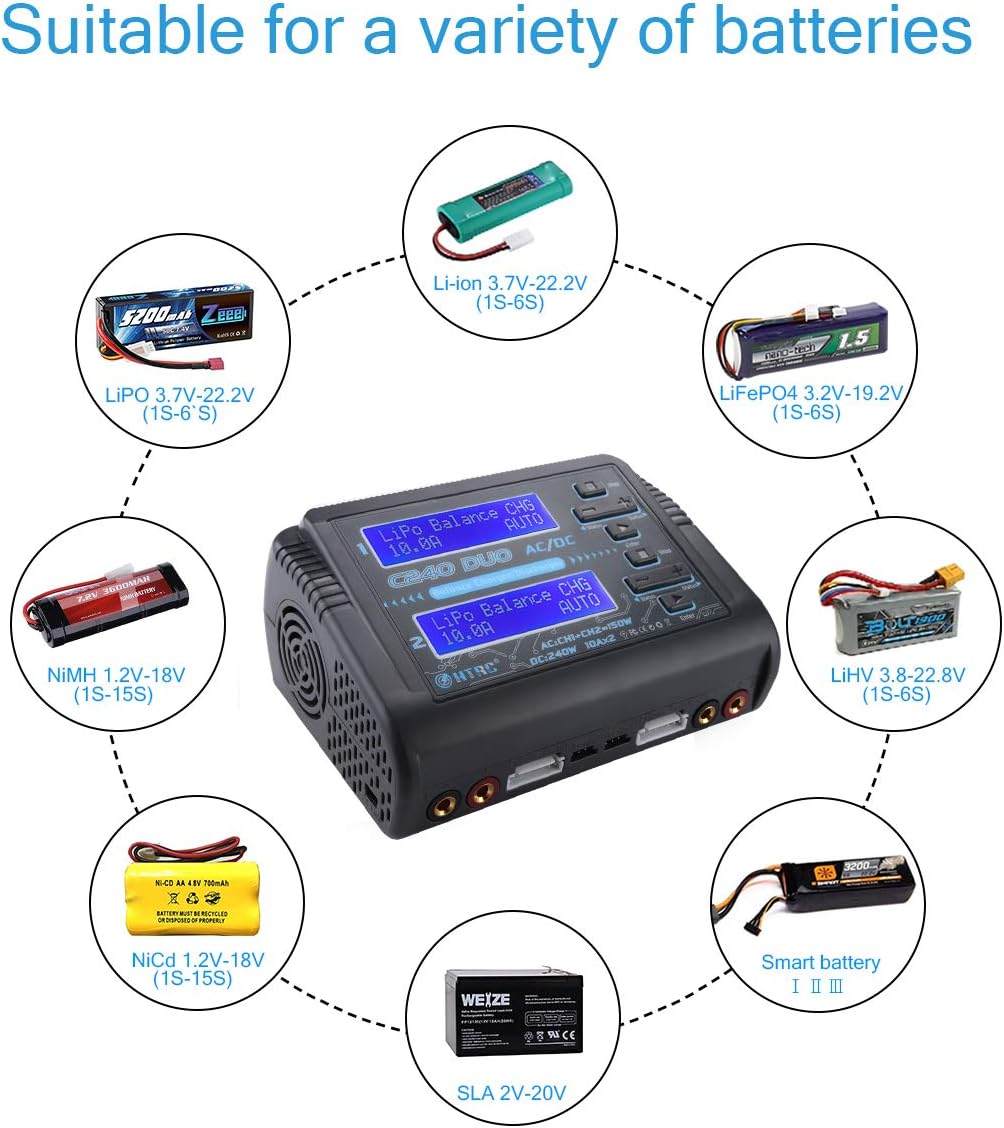 Dual LiPo Battery Charger Port RC Battery Charger RC Car Balance Battery Charger Discharger AC 150W DC 240W 10A for LiPo/Li-ion/Life(1-6s) NiCd/NiMH/LiHV/PB Smart Battery RC Car Charger: Electronics