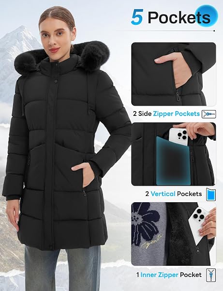ASPO WOMEN’S WINTER WARM COATS WATERPROOF THICK FLEECE LINED DOWN PUFFER JACKET 5 POCKETS LONG PARKA FAUX FUR DETACHABLE HOOD BLACK M