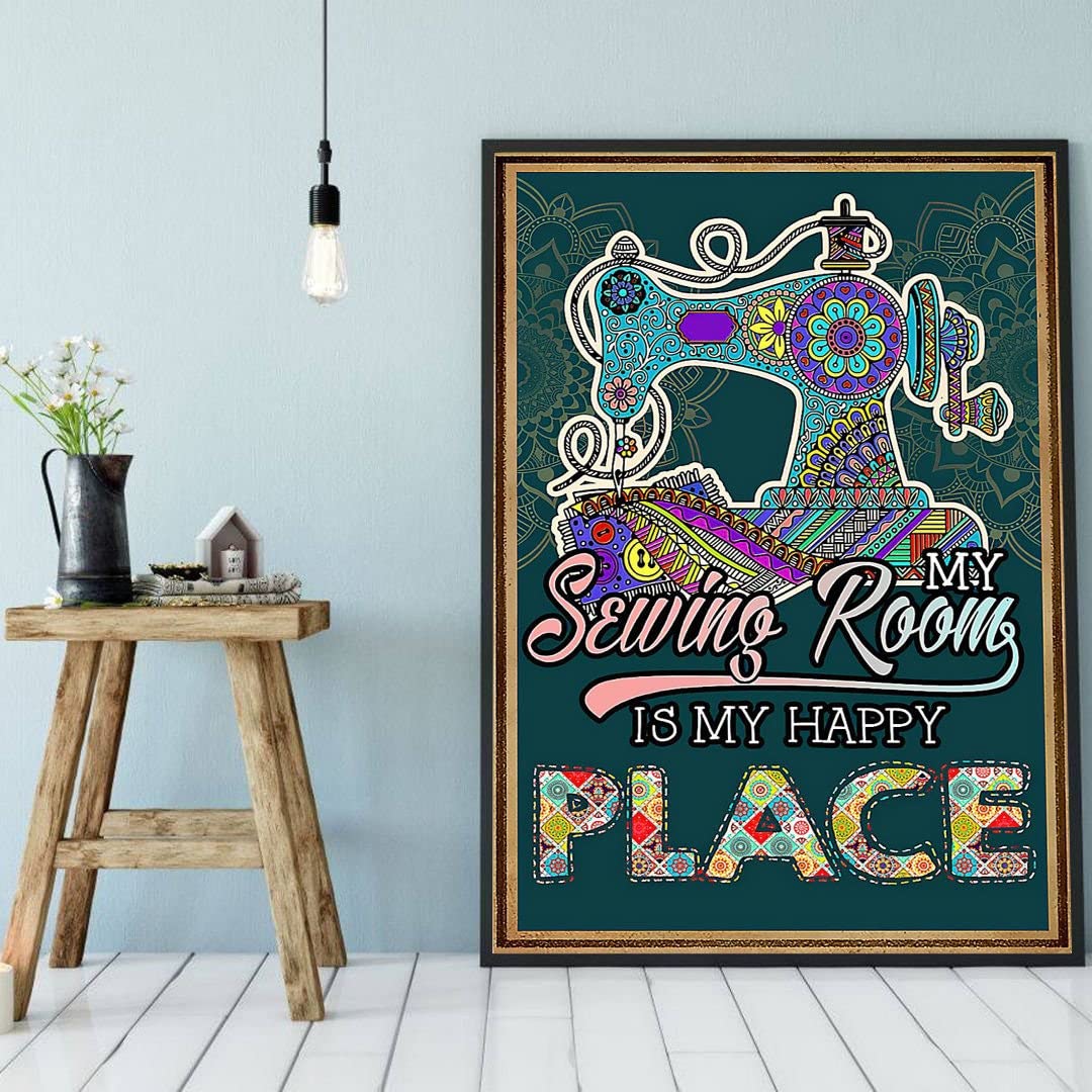 Eeypy's Essential Sewing Room Decor - Retro Style Metal Tin Sign, 'My Happy Place', 8x12 Inch