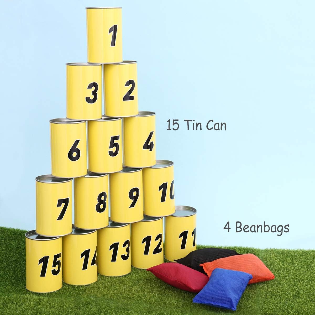 Indoor and Outdoor Tin Can Alley Games 15 Tin Cans and 4 Beanbags aooty