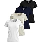 Real Essentials 4 Pack: Women's Cotton Short Sleeve T-Shirt - Casual Scoop Crew Neck Tops Tee (Available in Plus Size)