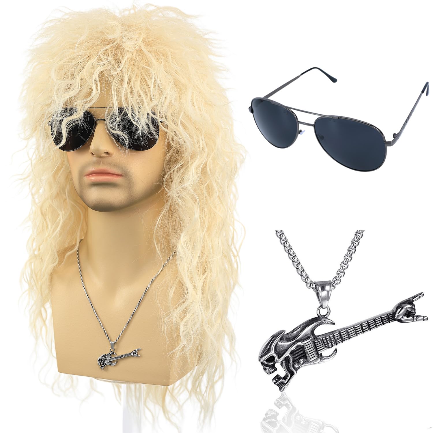 Photo 1 of **Necklace is missing** Morvally Men's Women 80s Blonde Rocker Mullet Wig with Glasses and Necklace - Long Blonde Curly Glam Rock-Rockstar Wig Perfect for Halloween, Cosplay, DIY Themed Costume Party