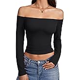 Rooscier Women's Off Shoulder Crop Tops Long Sleeve Ribbed Slim Basic Going Out T Shirts