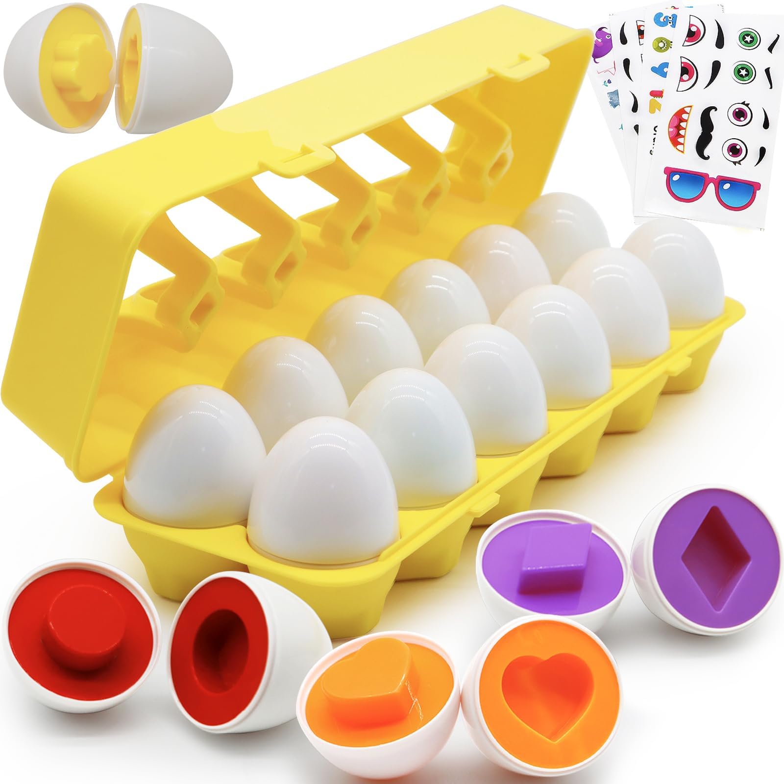 12 Pcs Plastic Easter Eggs Toys for Toddlers 1-3, Shape Sorter Puzzle Montessori Toys Color Matching Game Learning Activities Baby Easter Basket Stuffers Gifts for Kids 1 2 3 Year Old Girl Boy, Yellow — image 1