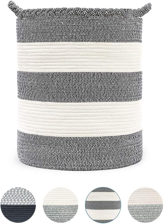 Natural Cotton Large Rope Blanket Basket Rope Basket, Woven Storage Basket, Large Basket, Blanket Basket Living Room, Toy Basket, Pillow Basket, Round Basket (Color 02, 40x48cm)