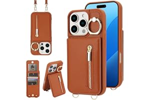 KYFSJPT Crossbody Wallet Case for iPhone 13 Pro Max, with Card Slots Zipper Pocket Case, Flip Folio Purse RFID Blocking with Ring Kickstand Detachable Strap-Brown