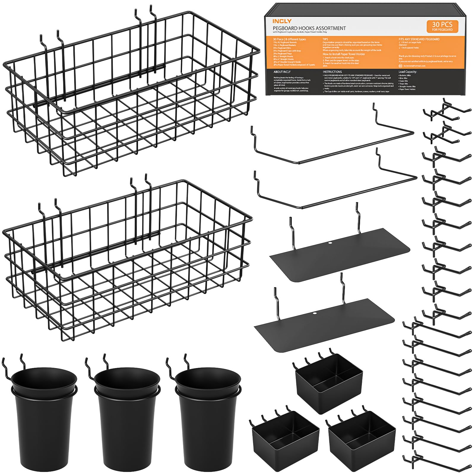 Photo 1 of INCLY 30PCS Peg Board Organizer Accessories Kit, Pegboard Hooks Assortment with Bins, Cups, Wire Baskets and Paper Towel Holder for 1/8“ and 1/4” Pegboard Garage Workbench Craft Room Organizing Tools