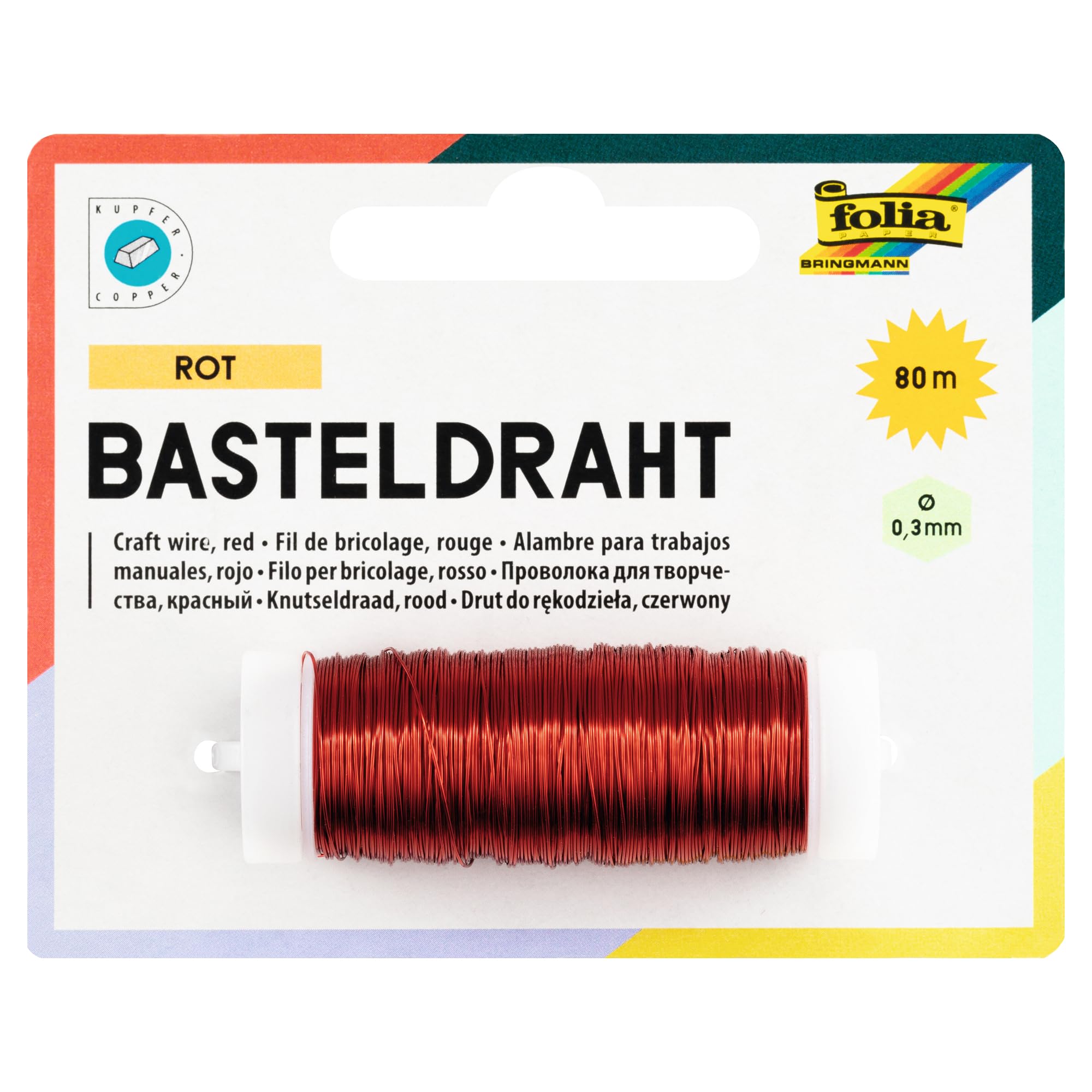 folia 79220 Copper Wire Red 1 Spool 0.3 mm x 80 m Ideal for Crafts, Florations and Crafts