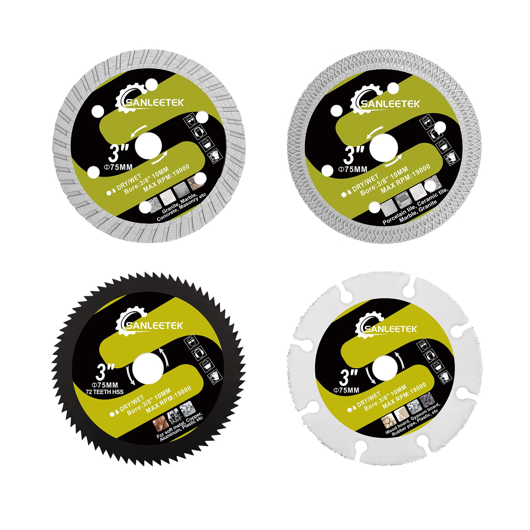 SANLEETEK Diamond Discs 75 mm 4 Pieces for Porcelain, Ceramics, Metal Boards, Soft, Plastic – Angle Grinder with 10 mm Hole