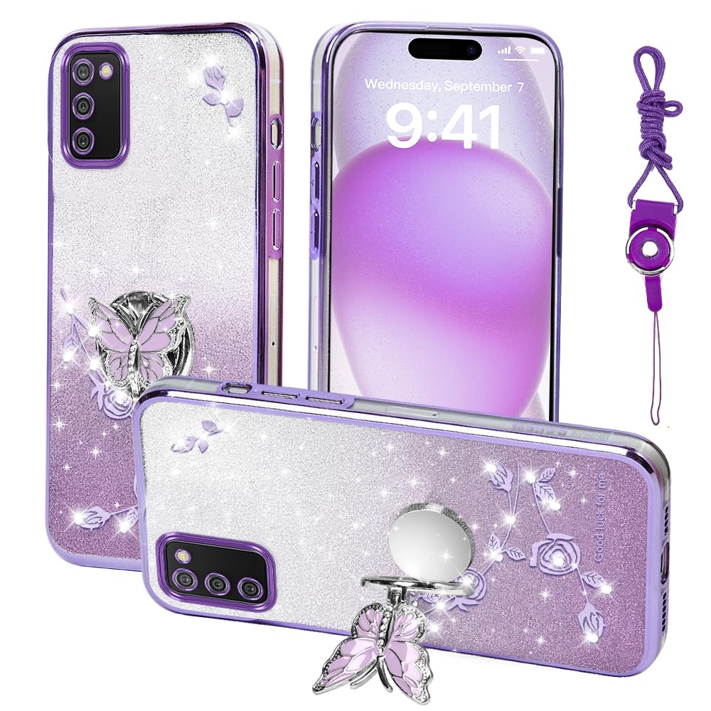 RTYQXK for Samsung Galaxy A02s (Not Fit A02) Phone Case,for Mobile Phone Case for Women and Girl, Glitter Butterfly Floral TPU Protective Cover with Kickstand+Strap for Samsung A02s (Purple)