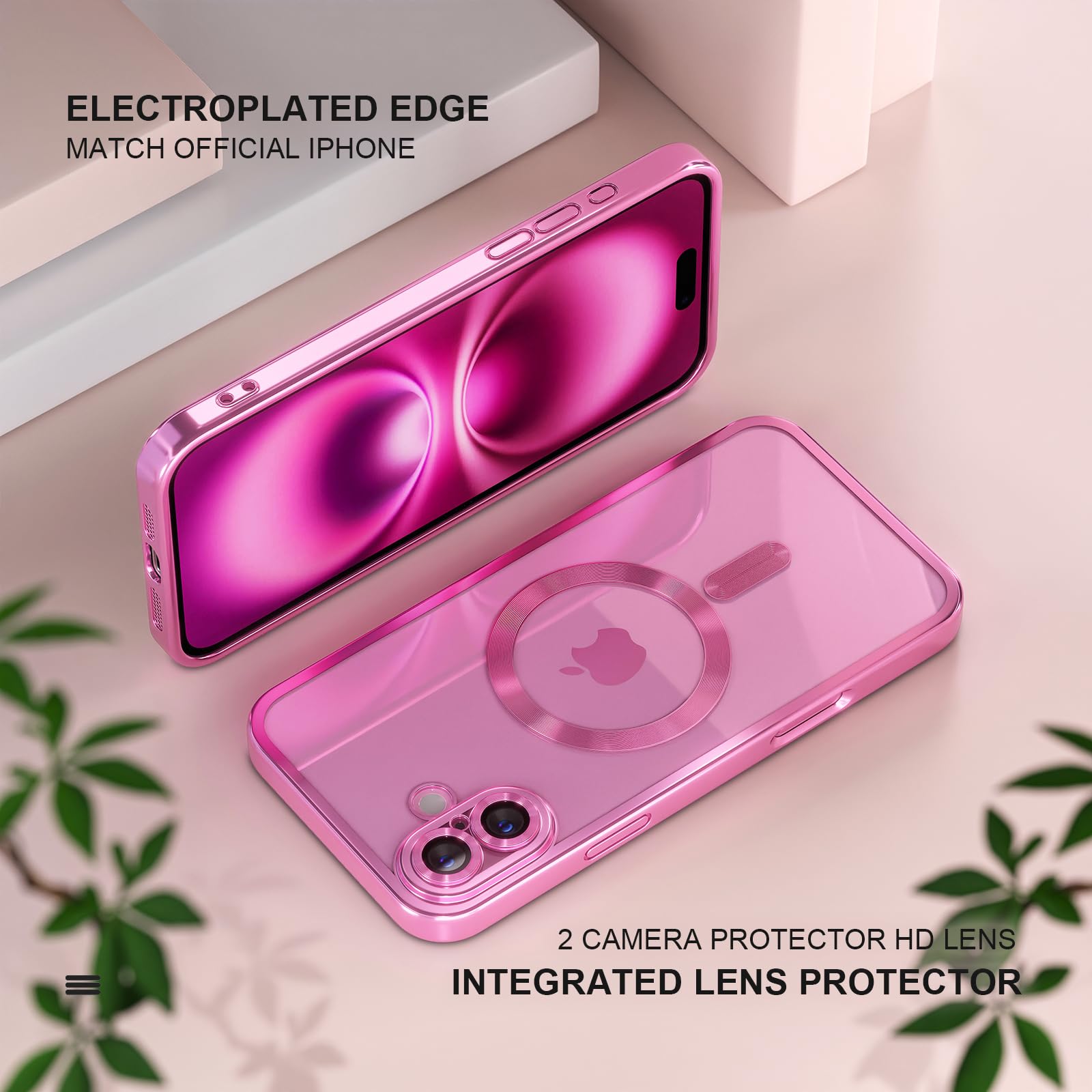 Misea Magnetic iPhone 16 Plus Case with MagSafe, Never Yellowing | Military Grade Drop Protection | Full Camera Lens Protector | Plating Soft Clear Phone Case | for Women Girls | 6.7 inch | Hot Pink