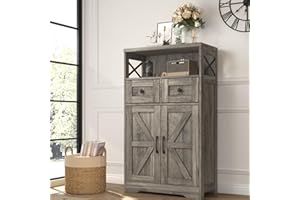 Befrases Farmhouse Storage Cabinet with Drawers and Shelf, Freestanding Kitchen Pantry Hutch for Kitchen, Living Room, Home Office, Rustic Grey