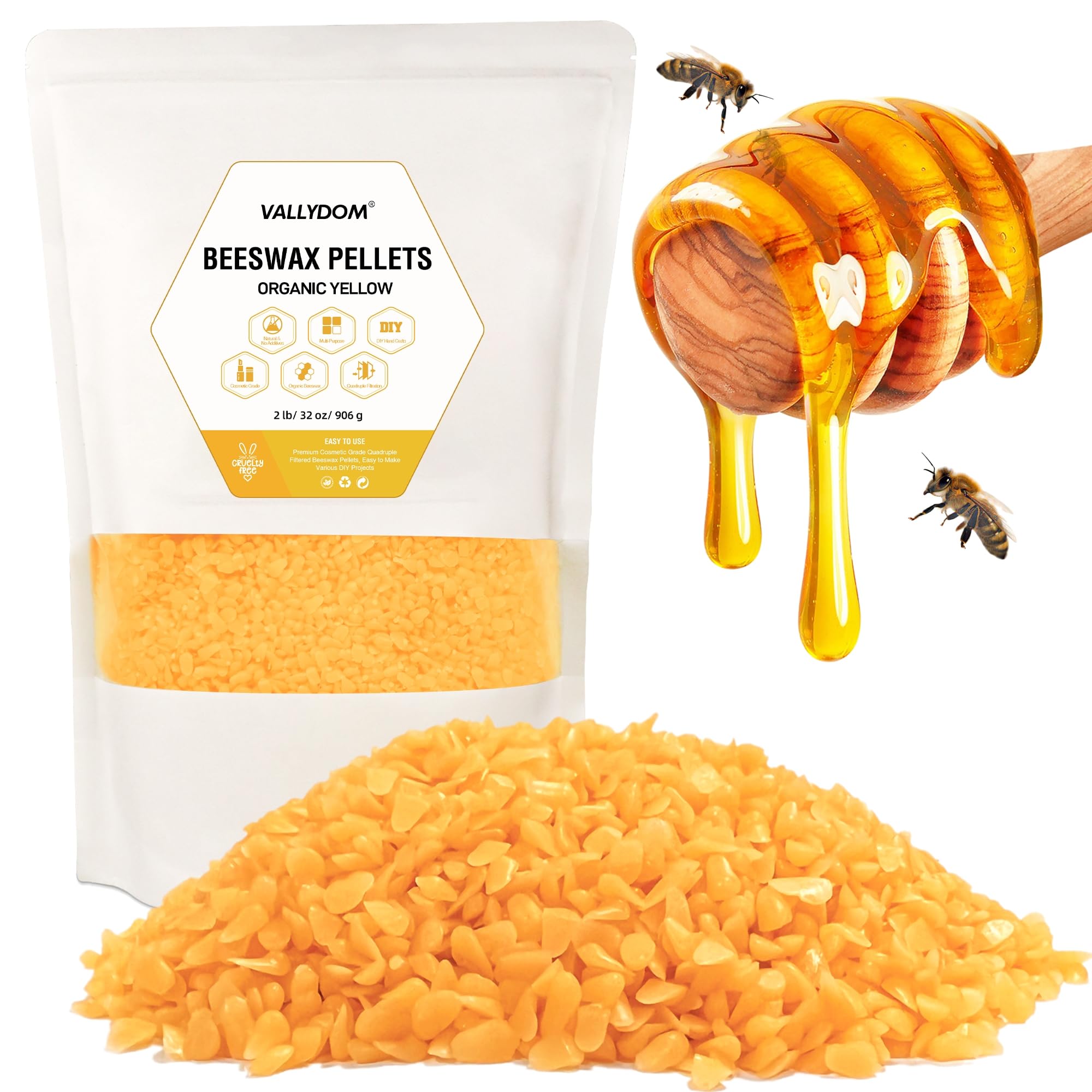 VALLYDOM Beeswax 2lb Yellow Beeswax Pellets, Candle Wax, Organic Beeswax, Wax for Candles Making, Beeswax Candles,Beeswax for Skin, Soap Making Supplies, Candle Making, Candle Wax for Making Candles
