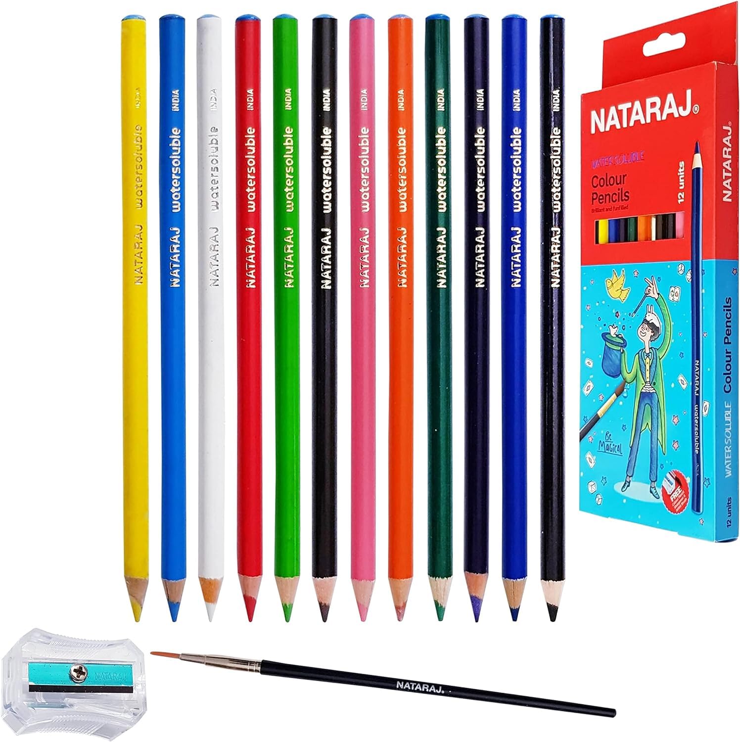 NATARAJ Bright Shades Full Size Colour Pencils + Colouring Bruh & a Sharpener Set (12 x Watercolour Pencils)