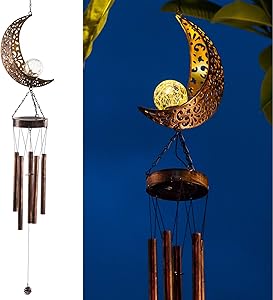 LeiDrail Solar Wind Chimes for Outside Hanging Outdoor Decor Moon Crackle Glass Ball Warm LED Light Sympathy Wind Chime Unique Memorial Gift with Metal Tubes Waterproof for Garden Yard Patio Lawn