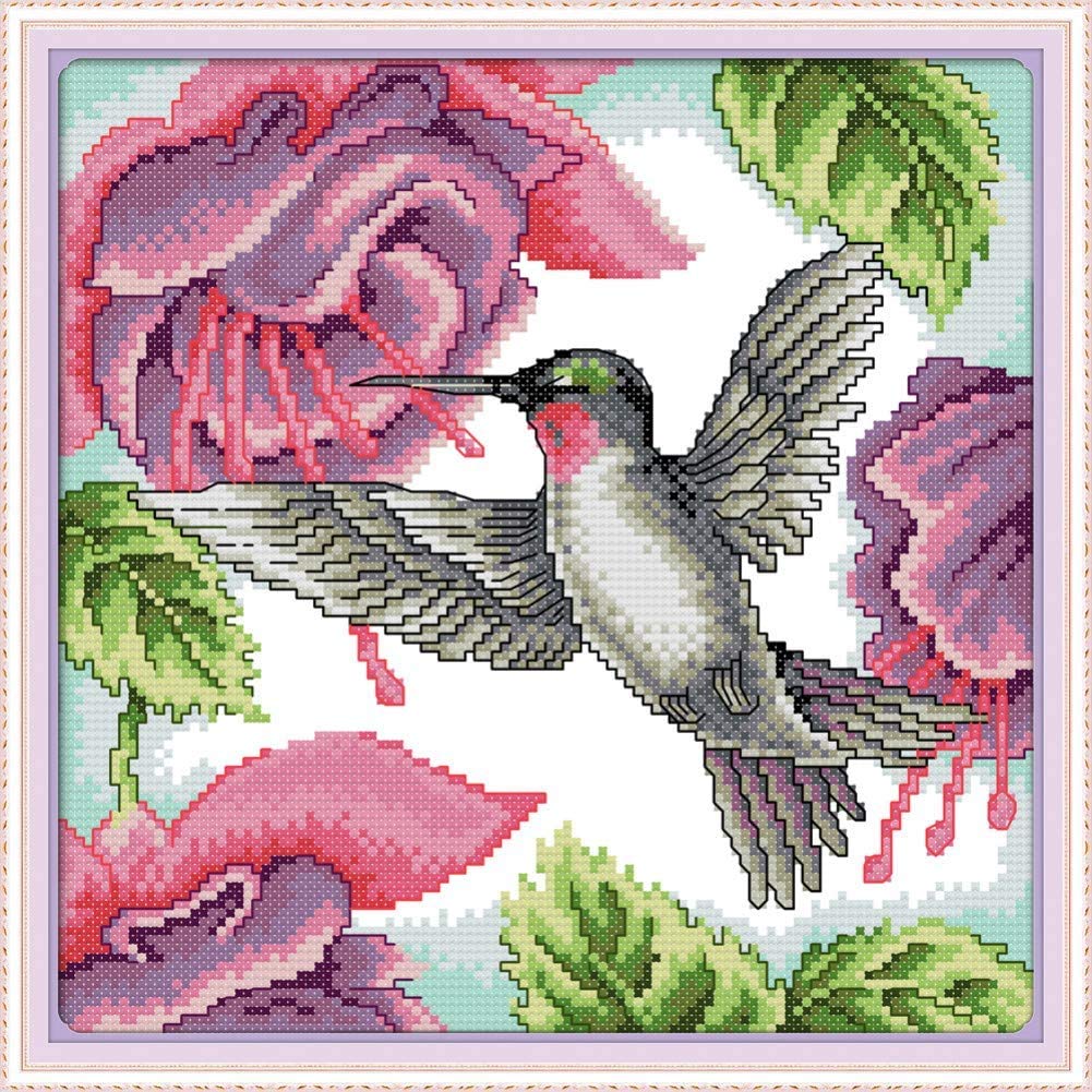 Cross Stitch Kits, Awesocrafts Hummingbirds Bird Flowers Red Easy Patterns Cross Stitching Embroidery Kit Supplies Christmas Gifts, Stamped (Hummingbirds, Stamped)